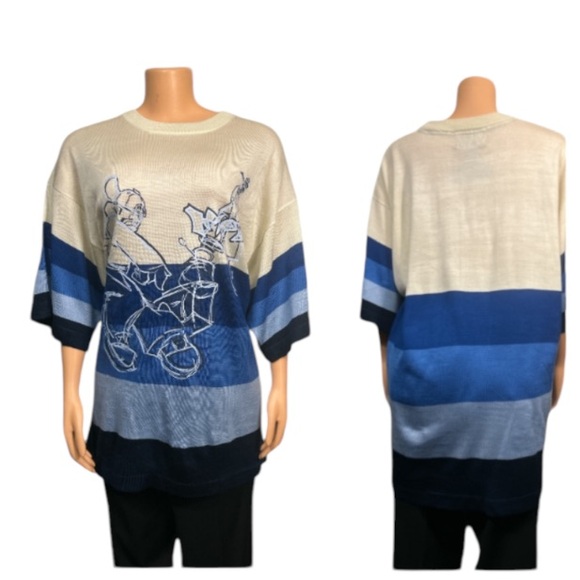 Impaq Knit Sweater Graphic Striped  Blocked Blue Cream Short Sleeve Size 2 XL - Picture 1 of 16